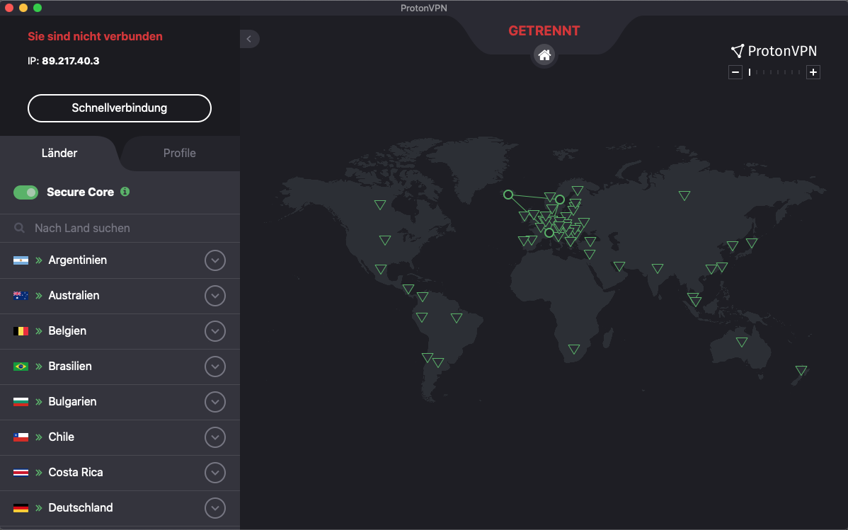 Official Proton VPN Native macOS Desktop App Interface - 10Gbps Server Selection, Interactive World Map, NetShield 2.0 and WireGuard Protocol